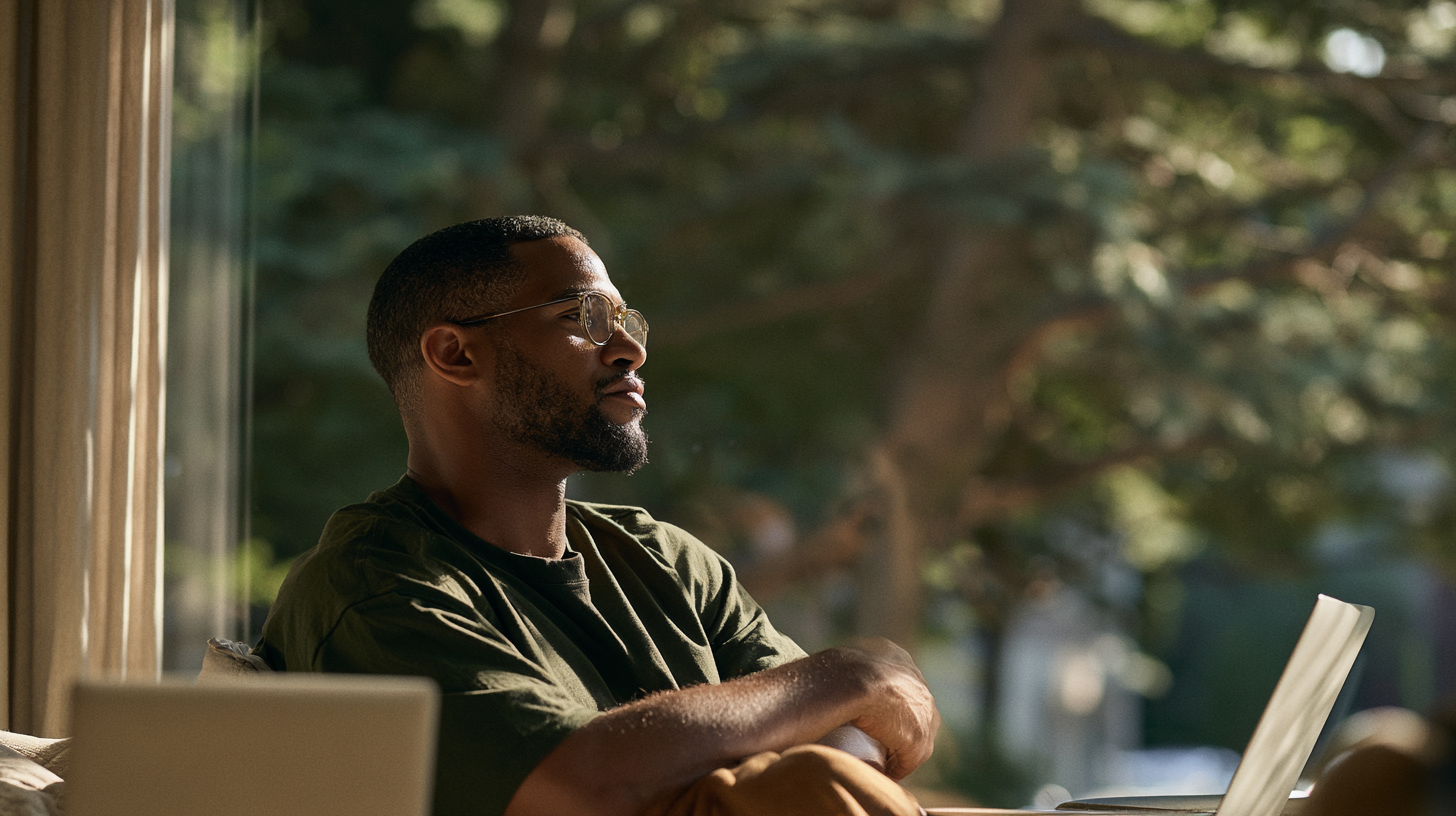 Man seated beside a large window in a quiet home setting with a laptop nearby
