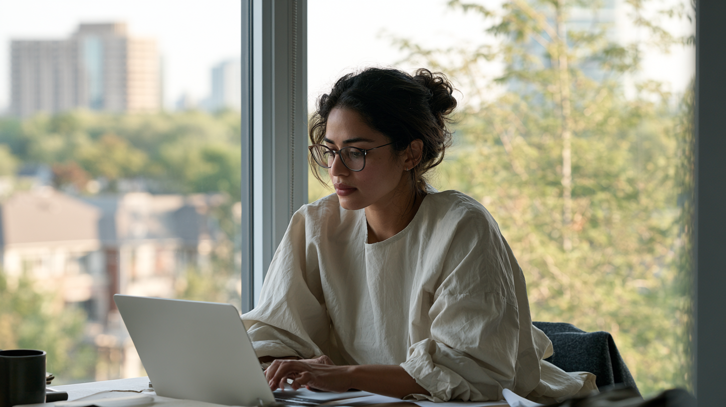 South Asian woman wearing glasses using a laptop beside a large window overlooking a leafy residential neighbourhood