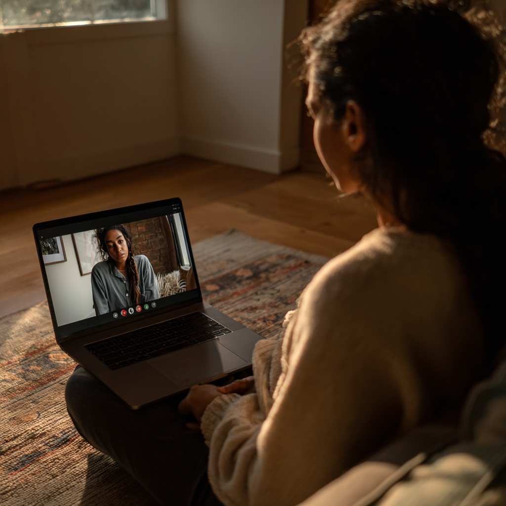 Online therapy session with BIPOC therapist supporting racial trauma healing