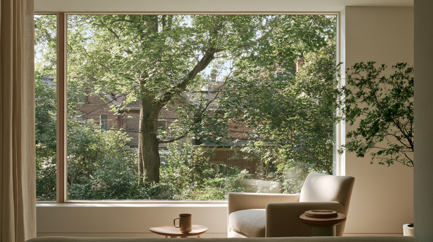 Calm Toronto home interior with an armchair beside a large window overlooking a leafy residential neighbourhood