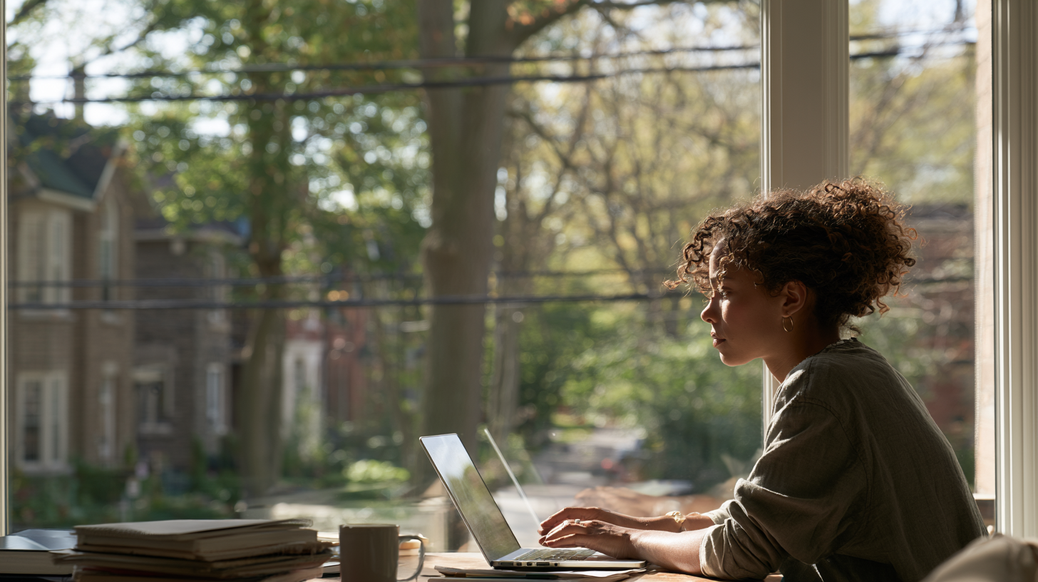 Woman using a laptop beside a large sunlit window overlooking a leafy residential street