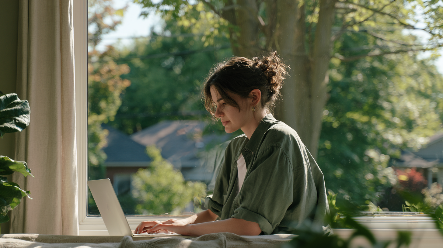Woman using a laptop at home beside a large window overlooking a leafy Burlington neighbourhood