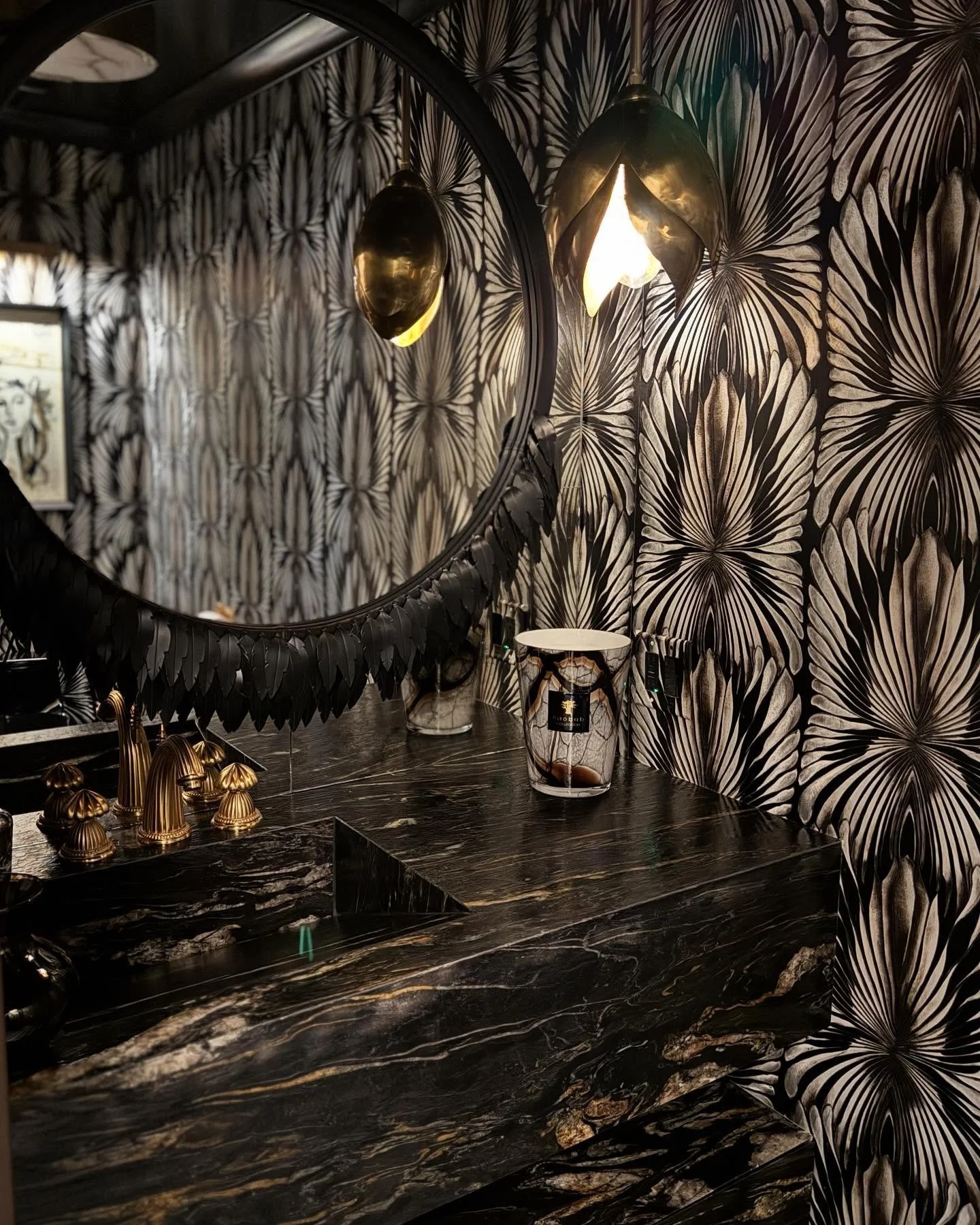 We&rsquo;re bringing sexy back 🔥#yup #texture #colorsaturation #leatheredstone #floatingvanity #customvanity #robertocavalli #checkerboardfloor #francineturk