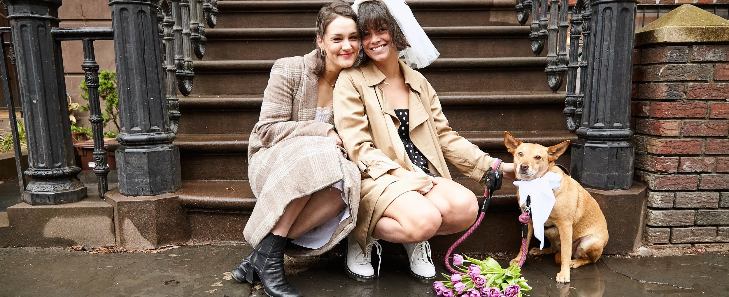 LGBT eloping couple kiss pose for wedding photos in front of a Fort Greene brownstone with their dog before their ceremony in Brooklyn, New York after they plan a small wedding.