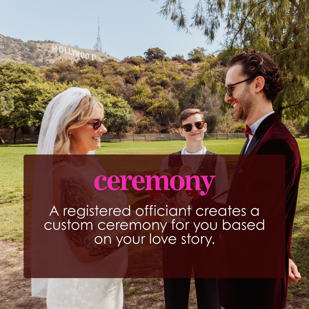 Couple getting married in front of the Hollywood Sign by an LA registered officiant during their Cakewalk elopement