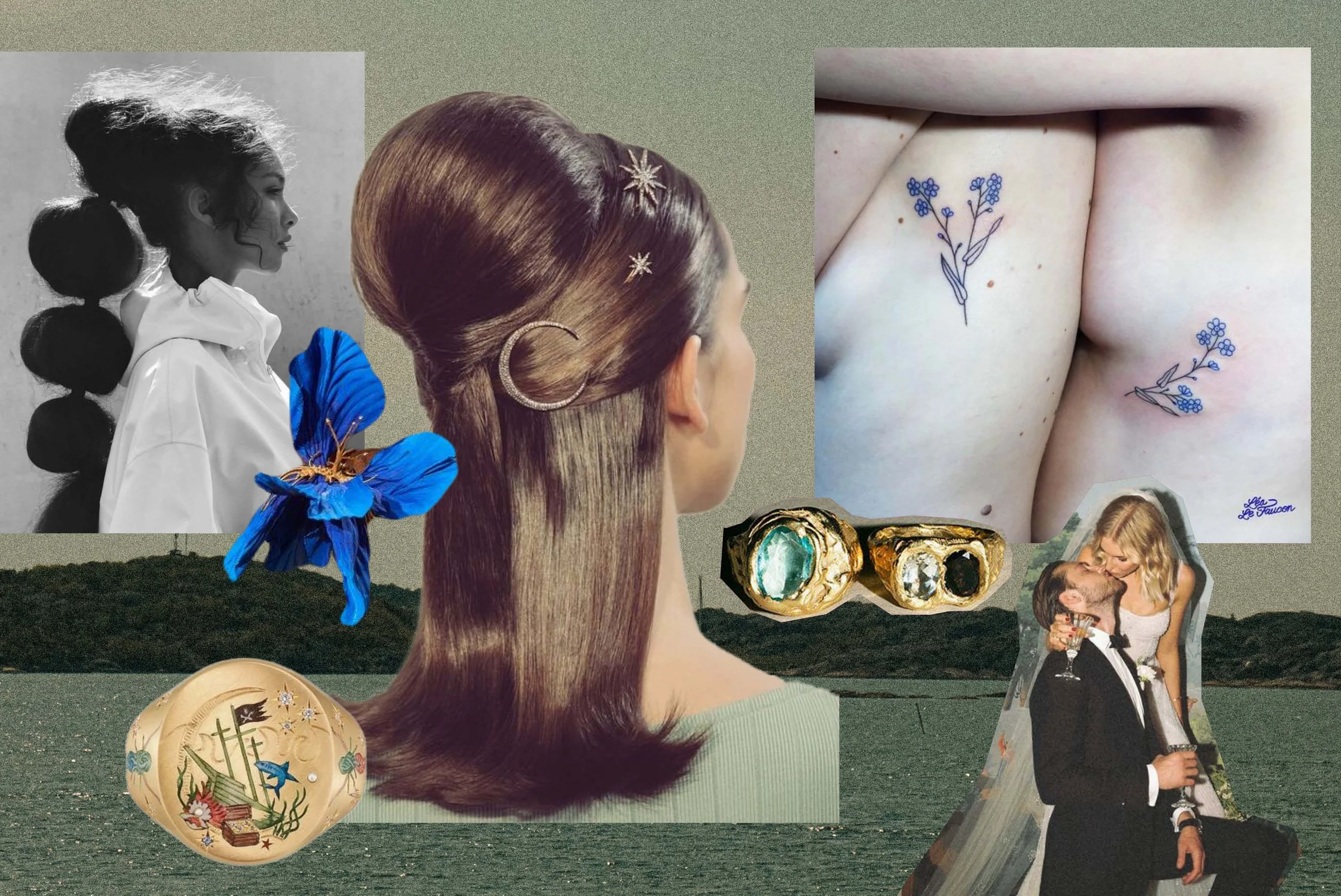 Collage of Cakewalk wedding inspiration photography, jewelry, tattoos, hair, fashion