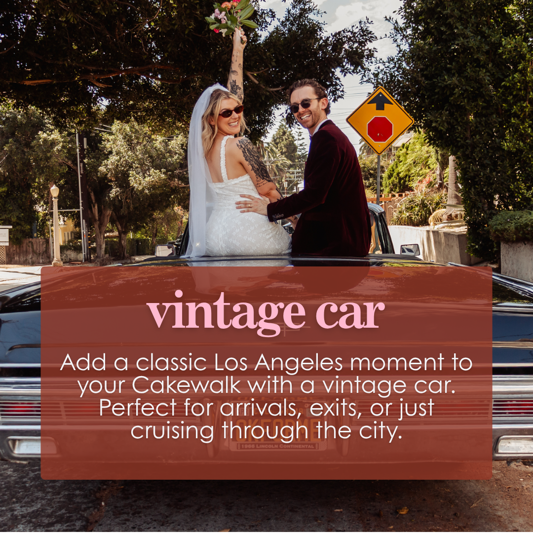 Couple on the top of a vintage car in Hollywood for their Los Angeles wedding with Cakewalk elopements