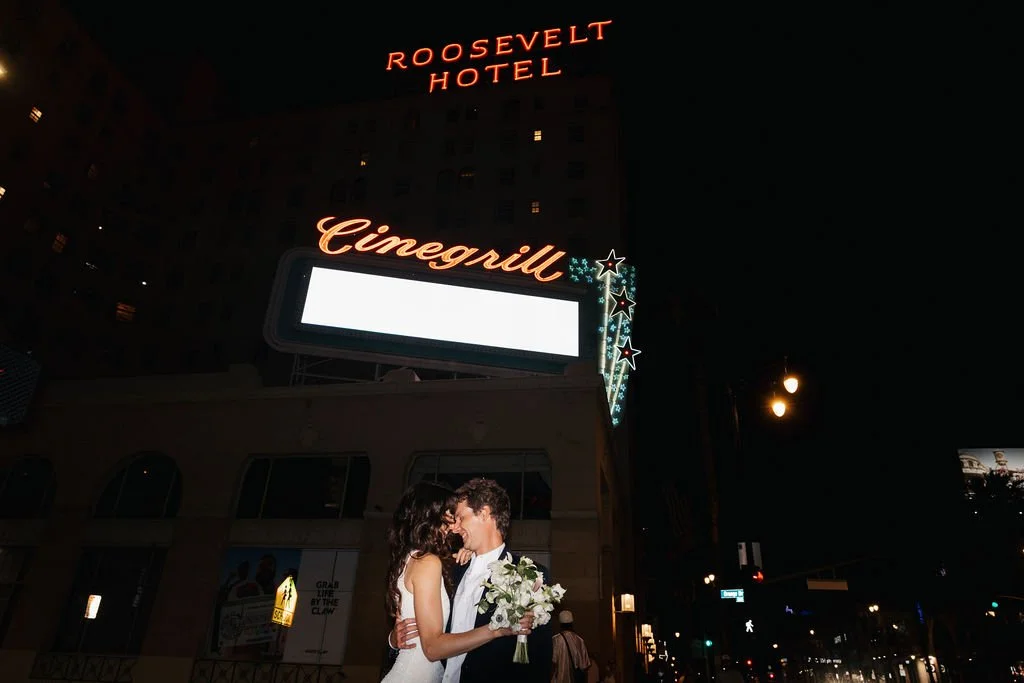 Couple getting drinks at the Roosevelt Hotel on Hollywood Blvd after their Cakewalk elopement celenbration.