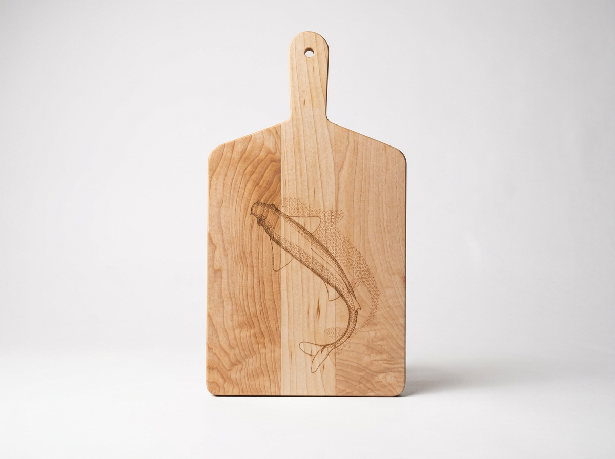 Wooden cutting board with a fish illustration engraved on it