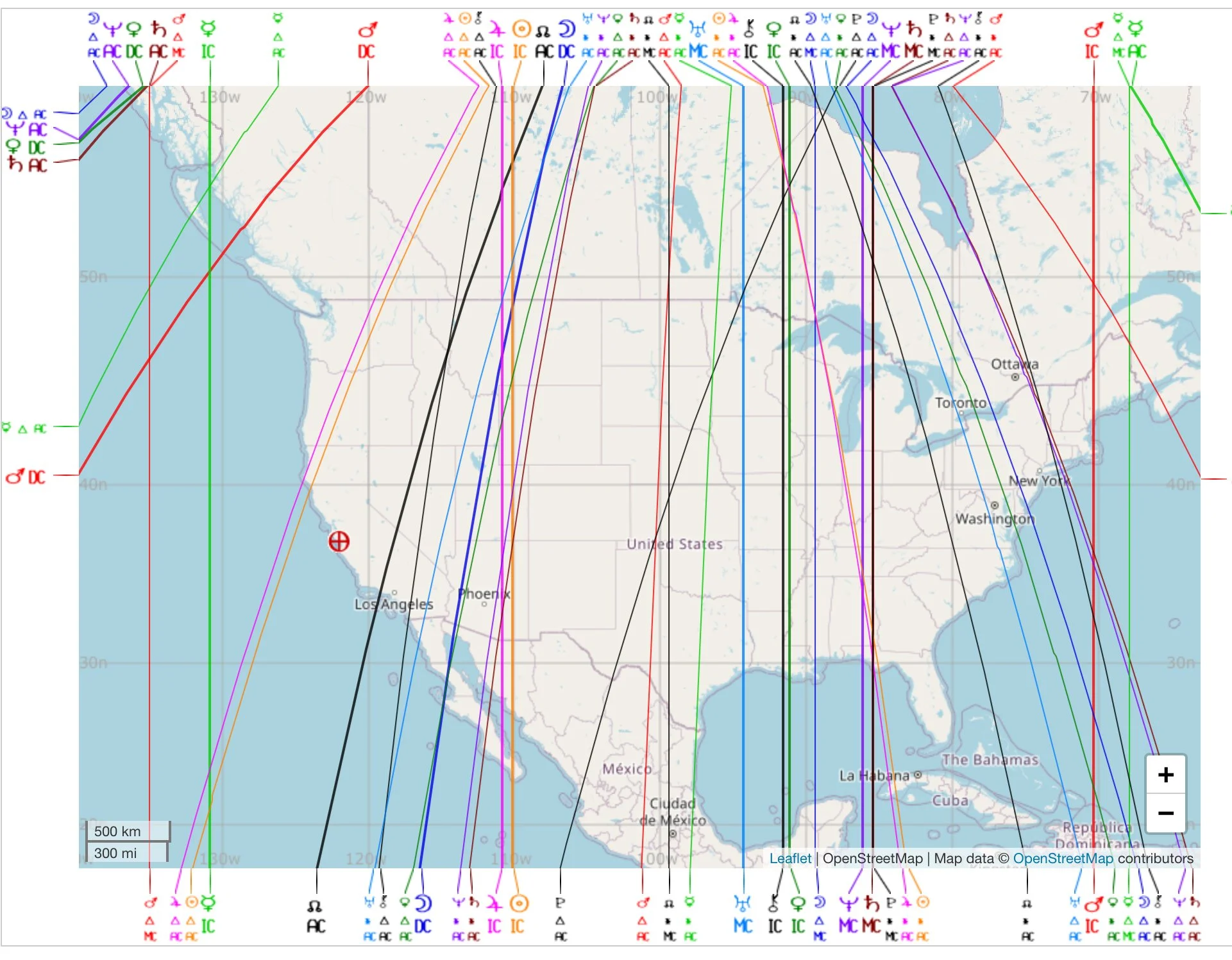 A map of the United States with lines and symbols representing various astrological or celestial data, with city names and latitude/longitude markers.