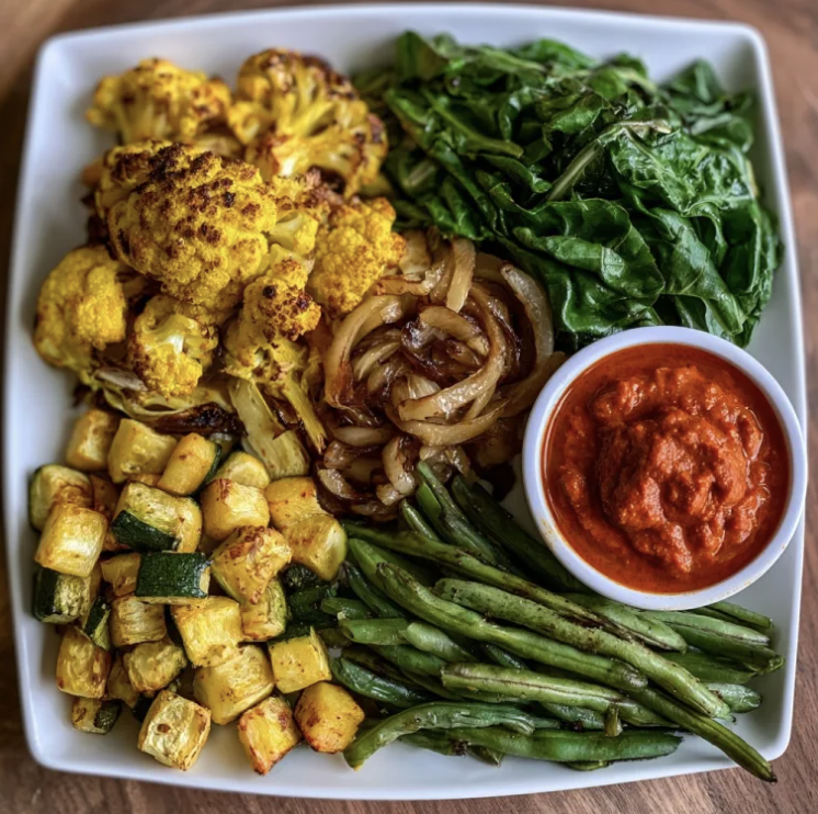 For Pros: Square Fare Plate of Roasted Turmeric Cauliflower, Caramelized Onions, Roasted Zucchini, Sautéed Green Beans, Steamed Swiss Chard, Roasted Red Pepper Harissa Sauce