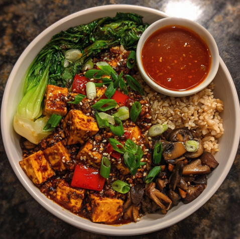 For Pros: Szechuan Mapo Bowl with Mapo Tofu, Brown Rice, Bok Choy, Chinese Broccoli, Shiitake Mushroom, Red Pepper, Snow Peas, Sautéed Garlic, Sesame Seeds, Scallion, Mapo Sauce