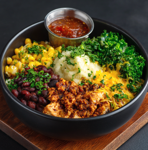 Con Carne Bowl with Smoky Turkey Chili, Herby Mashed Potatoes, Cumin Black Beans, Red beans, Poblano, Roasted Broccoli, Kale, Corn, Cheddar, Parsley, Tomato Chili Drizzle