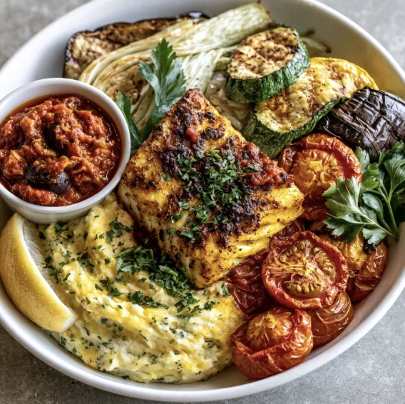 Provençal Vitality Bowl with Provençal Cod, Yukon Gold Herb Mash, Tomatoes, Zucchini, Fennel, Eggplant, Parsley, Lemon, Tomato Olive Provençal Sauce