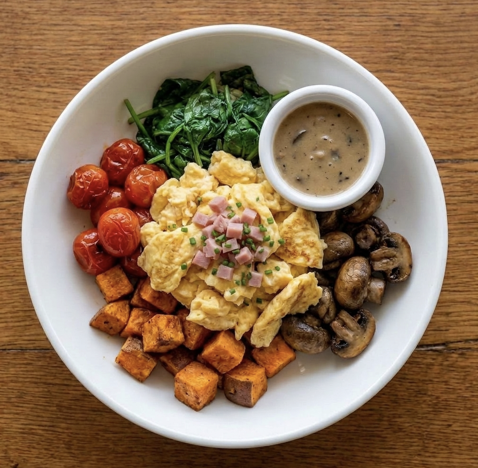 For Pros: Southern Breakfast Bowl with Scrambled Eggs, Roasted Sweet Potato, Tomatoes, Spinach, Mushrooms, Chives, Ham, Roasted Mushroom Gravy