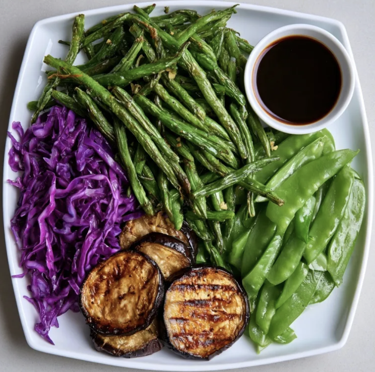 Square Fare Plate of Ginger Roasted Green Beans, Shaved Purple Cabbage, Roasted Eggplant, Steamed Snow Peas, Pineapple Tamari Glaze