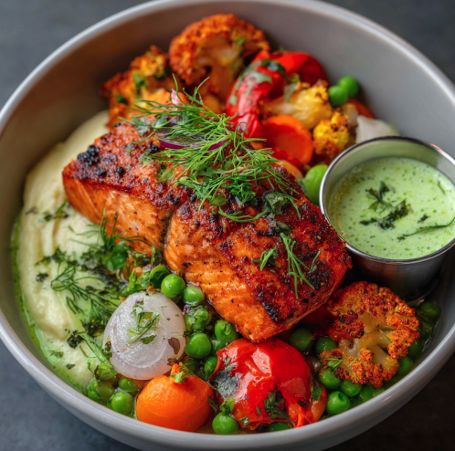 Nordic Glow Bowl with Dijon Dill Salmon, Green Peas, Roasted Carrot, Roasted Red Pepper, Cauliflower Mash, Dill, Parsley, Pickled Pearl Onions, and Citrus Dill Vin