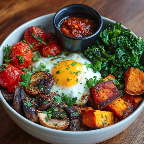 For Pros: Sunrise Nourish Bowl with Baked Eggs, Sweet Potato, Broccoli, Roasted Mushrooms, Tomatoes, Kale, Parsley, Roasted Tomato Chutney