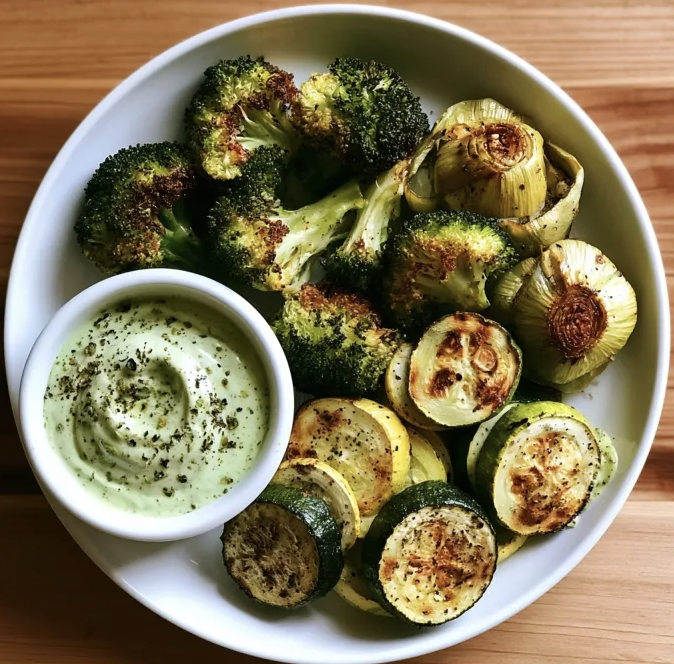 For Pros: Square Fare Plate of Roasted Broccoli, Roasted Zucchini, Roasted Tomatillo, Cilantro Lime Crema