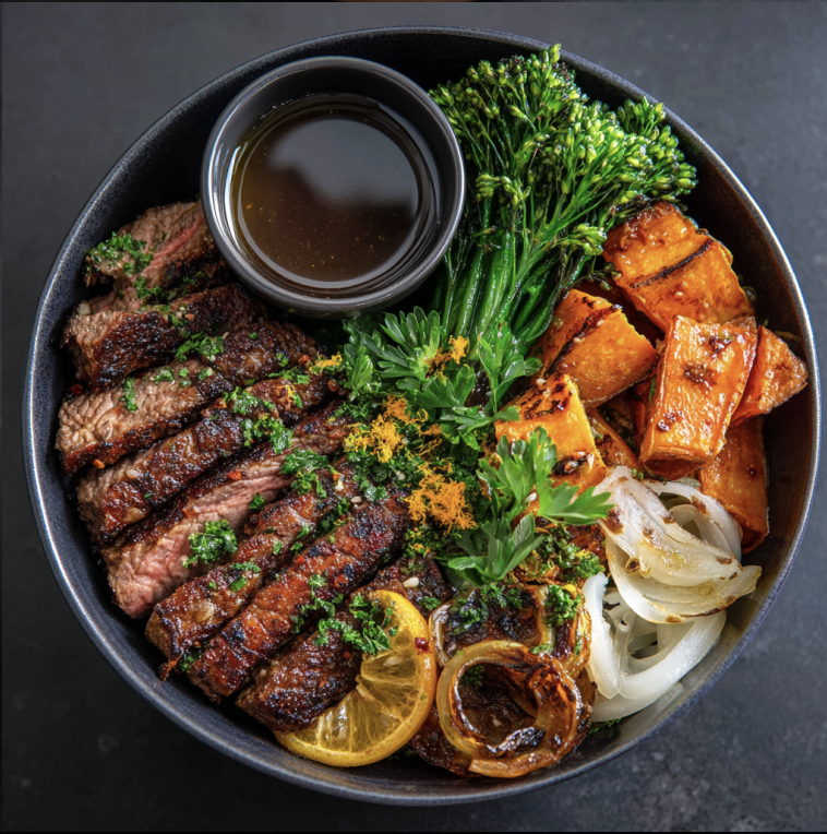 Ancho Power Bowl with Coffee Chile Rubbed Steak, Roasted Sweet Potato, Roasted Broccolini, Roasted Carrots, Shaved Jicama, Caramelized Onions, Parsley, Orange Zest, Ancho Coffee Sauce