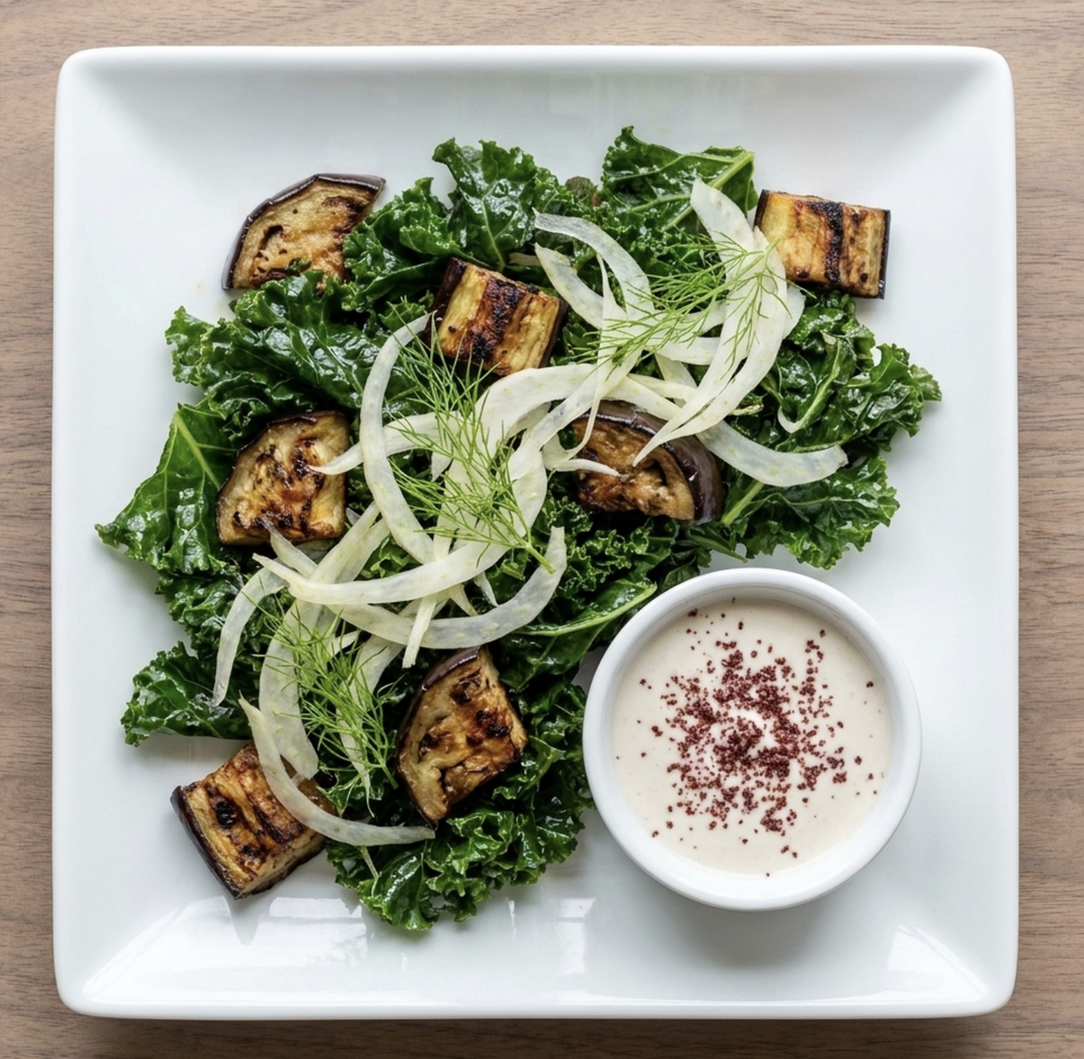 For Pros: Square Fare Plate of Braised Kale, Roasted Eggplant, Shaved Fennel, Sumac Tahini Yogurt
