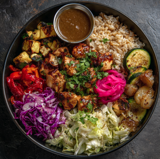 For Pros: Adobo Immunity Bowl with Adobo Chicken, Cilantro Lime Brown Rice, Zucchini, Caramelized Yellow Onion, Red Peppers, Steamed Cabbage, Cilantro, Pickled Red Onion, Adobo Lime Drizzle
