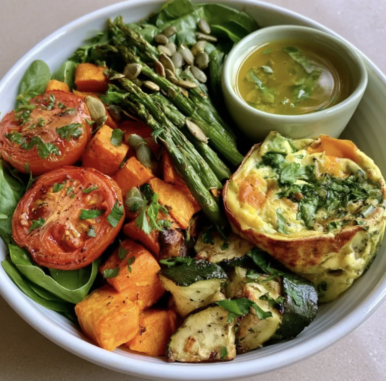 For Pros: Lemon Vitality Bowl with Preserved Lemon & Asparagus Egg Frittata, Sweet Potato, Tomatoes, Zucchini, Spinach, Pumpkin Seeds, Parsley, Basil Citrus Lemon Vinaigrette