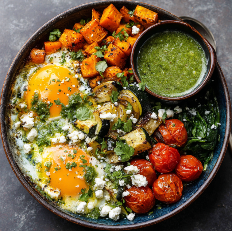 For Pros: Garden Nourish Bowl with Baked Herb Eggs, Roasted Sweet Potatoes, Steamed Spinach, Roasted Zucchini, Roasted Tomatoes, Parsley, Crumbled Feta, Green Shakshuka Sauce