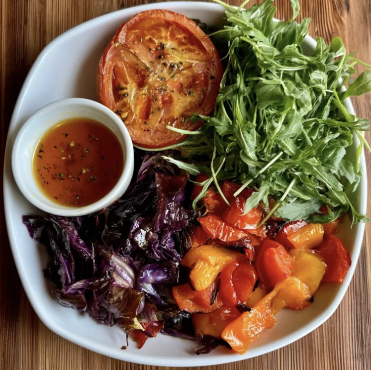 For Pros: Square Fare Plate of Roasted Tomatoes, Steamed Red Cabbage, Roasted Red Peppers, Fresh Arugula, Lemon-Oregano Vinaigrette