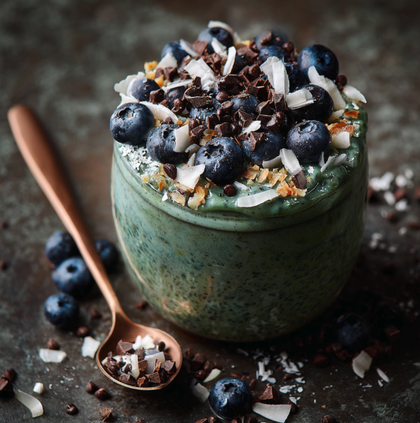 Superfood Overnight Oats with Spirulina, Blueberries, Coconut Flakes, Dark Chocolate and Edible Flower