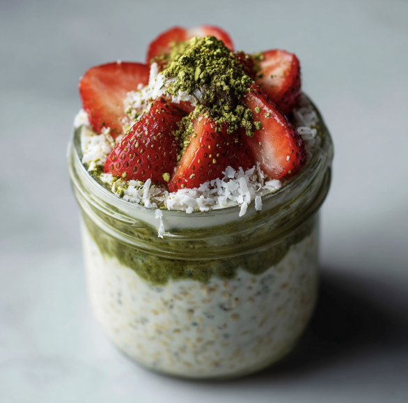 For Pros: Overnight Oats with Matcha, Strawberries, Coconut