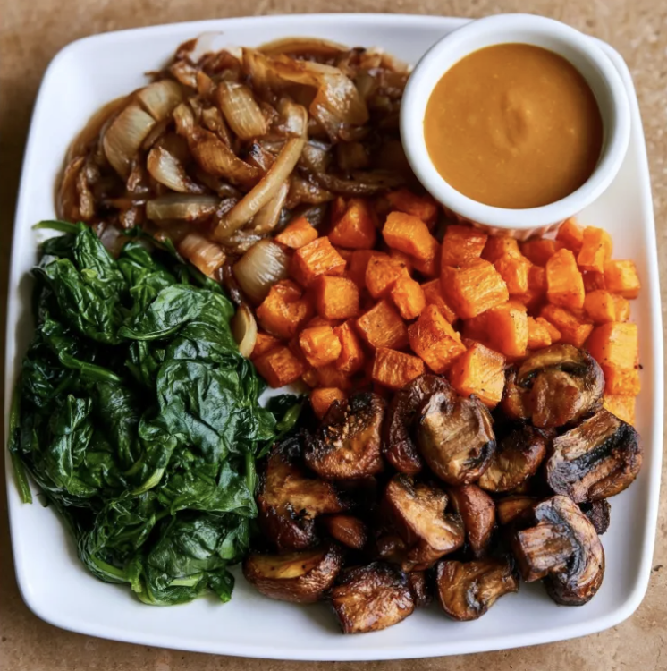 Square Fare Plate of Roasted Cumin Carrots, Caramelized Onions, Steamed Spinach, Roasted Mushrooms, Apricot Mustard Jus