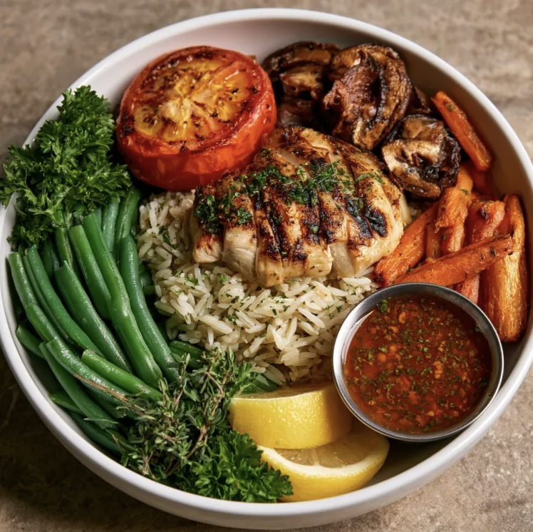 For Pros: French Vitality Bowl with French Chicken, Herbed Basmati, Roasted Tomatoes, Green Beans, Roasted Mushrooms, Roasted Carrots, Fresh Parsley, Thyme, Lemon, Marengo Tomato Herb Sauce
