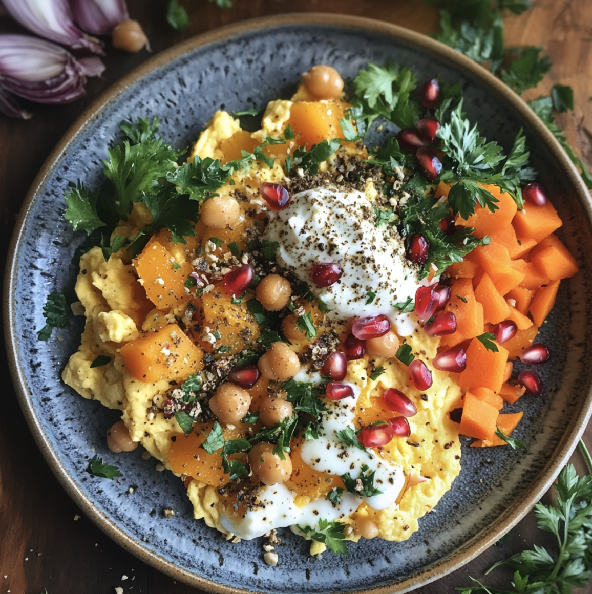 For Pros: Lebanese Breakfast Bowl with Za'atar Scrambled Eggs with Butternut Squash, Chickpeas, Salad, Shredded Carrots, Onion, Lebanese Labne, Pomegranate Seeds and Pumpkin Seeds