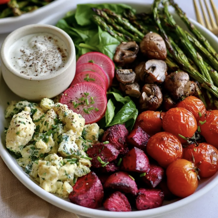 Summer Herb Bowl with Herb Scramble, Beets, Roasted Tomatoes, Spinach, Button Mushrooms, Grilled Asparagus, Chives, Watermelon Radish, Smoky Dill Yogurt Sauce