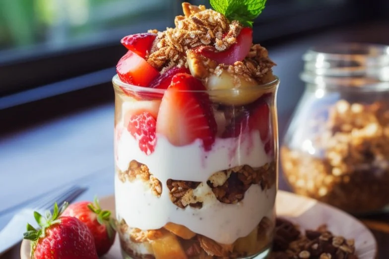 Parfait with Homemade Granola, Roasted Apples and Strawberry