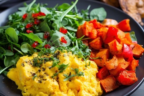 Scrambled Eggs with Sweet Potato, Red Pepper and a Side Salad