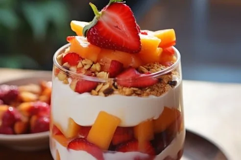 Parfait with Homemade Granola, Strawberries & Persimmon