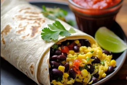 Pro: Breakfast Burrito with Scrambled Eggs, Black Beans, Spinach, Peppers, and Homemade Salsa with a Corn Soft Tortilla