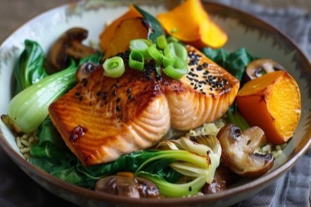 Pro: Miso Salmon with Cabbage, Bok Choy, Shiitake Mushrooms, Roasted Acorn Squash, Pickled Daikon