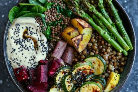 Pro: Nourish Bowl with Quinoa, Lentils, Hemp Seeds, Beetroot, Asparagus, Zucchini, Spinach and a Tahini, Lemon Juice and Za'atar Sauce