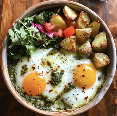 Pro: Baked Eggs & Salsa Verde with Side Salad and Potatoes