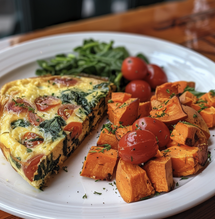 Frittata Served with Spinach, Feta, Tomato, Sweet Potato