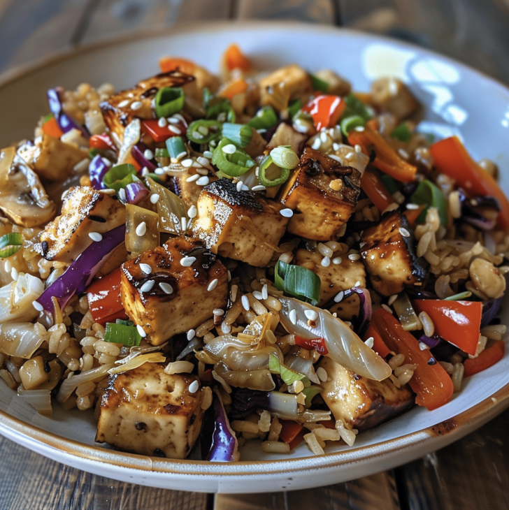 For Students: Gut Cleanse Stir Fry with Tofu, Bamboo Shoots, Shiitake Mushrooms, Peppers, Cabbage, Sauerkraut, Lotus Root, Brown Rice, with a Miso Sauce