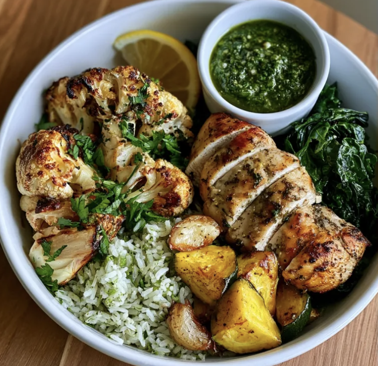 For Pros: Buenos Aires Bowl with Herb Citrus Chicken, Cilantro Lime Rice, Cauliflower, Zucchini, Kale, Sautéed Garlic, Parsley, Lemon, Fresh Chimichurri