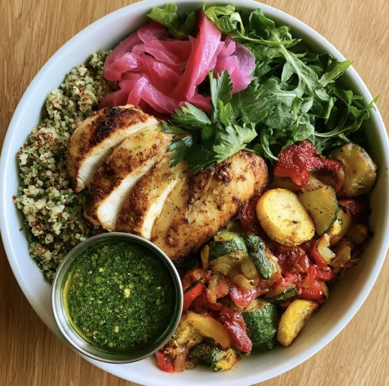 For Pros: Argentine Power Bowl with Chimichurri Chicken, Herbed Quinoa, Ratatouille, Arugula, Pickled Red Onion, Fresh Parsley, Chimichurri Sauce