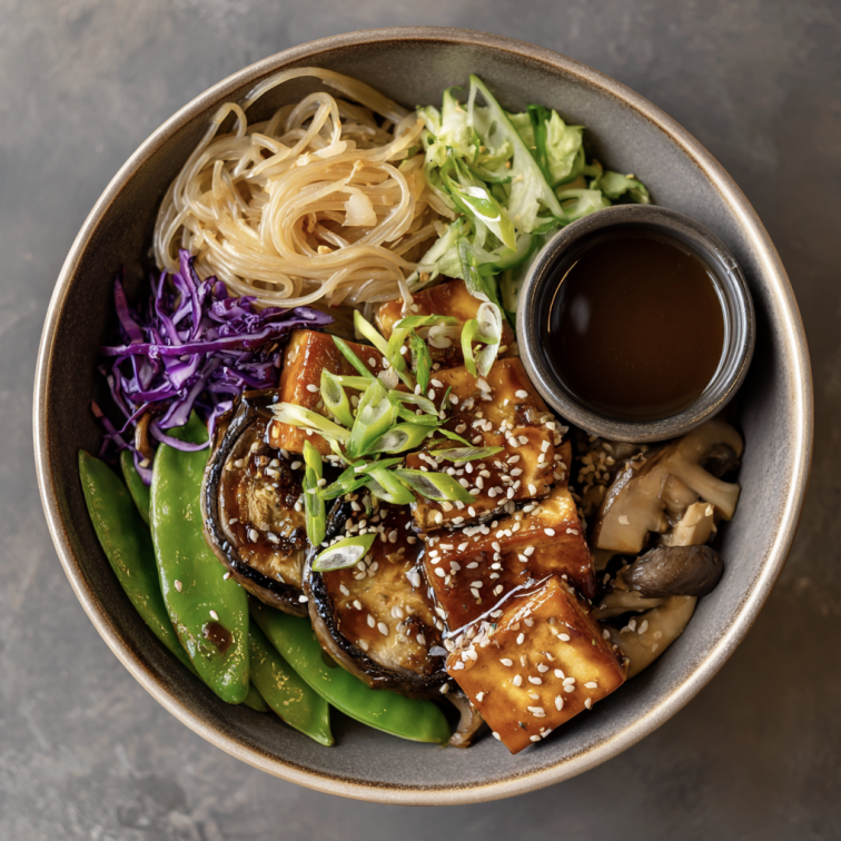 Sesame Glow Bowl with Miso Glazed Tofu, Japchae Noodles, Japanese Eggplant, Mushrooms, Steamed Snap Peas, Shredded Cabbage, Scallions, Sesame Seeds, Pickled Ginger, Miso Sesame Dressing