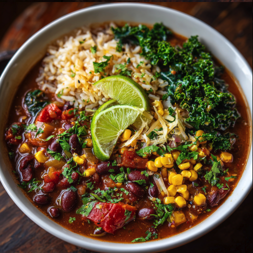 For Pros: Super Bowl Chili with Mixed Bean Chili, Brown Rice, Peppers, Tomatoes, Roasted Onion, Kale, Corn, Cheddar, Cilantro, Lime Wedge, Umami Tomato–Miso Drizzle