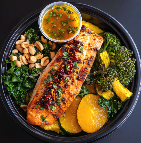 Omega Crunch Bowl with Roast Salmon, Polenta, Roasted Broccoli, Kale, Summer Squash, Orange Segments, Coconut–Chile Vinaigrette, Coconut Flakes, Peanuts, Fresno Chili