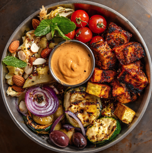 Mediterranean Fire Bowl with Roasted Red Pepper Tofu, Sorghum, Red Onion, Zucchini, Artichoke, Cherry Tomatoes, Olives, Almonds, Mint, Charred Red Pepper Tahini